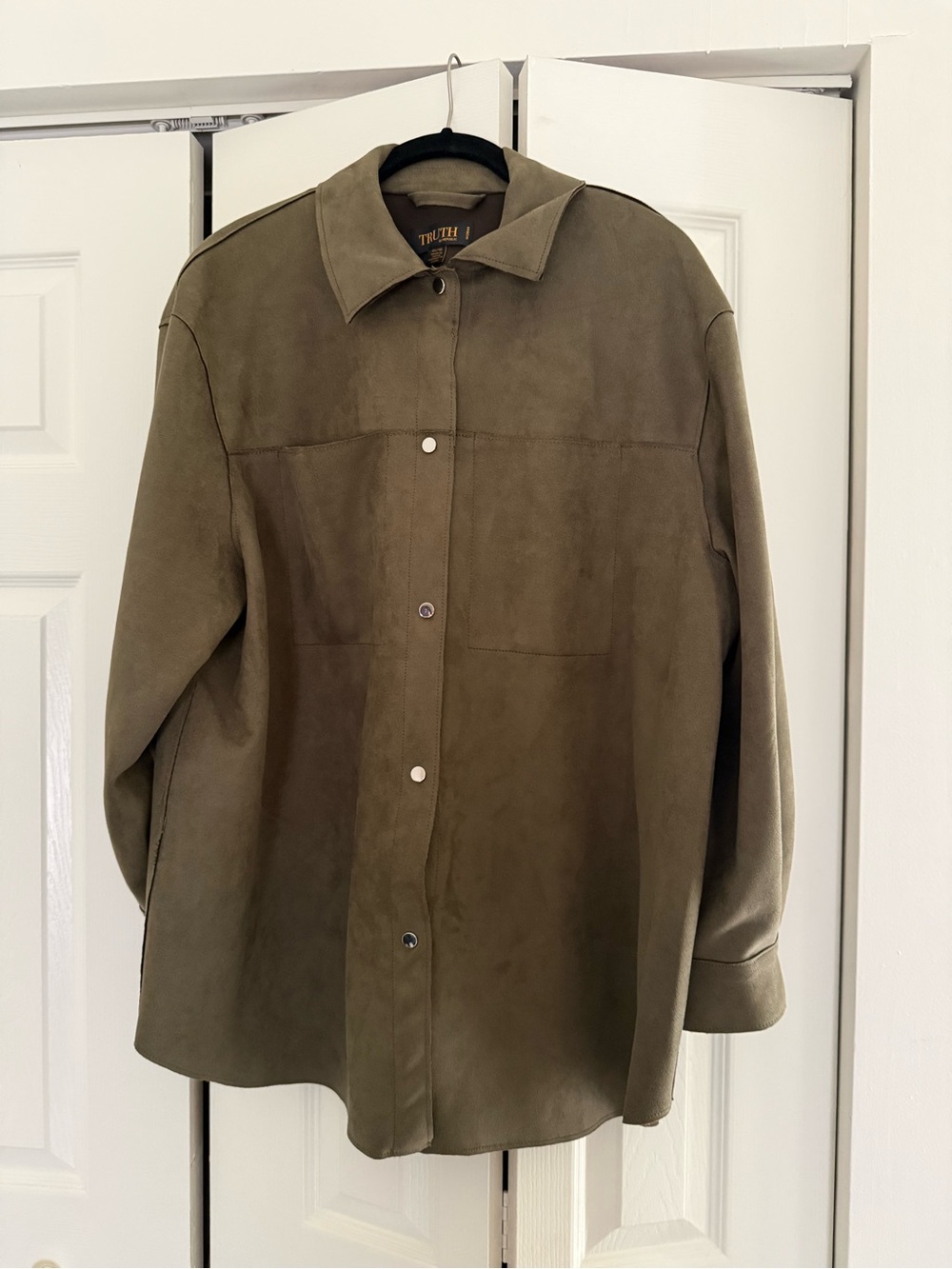 Truth Olive Green Faux Suede Snap-Front Shirt Jacket